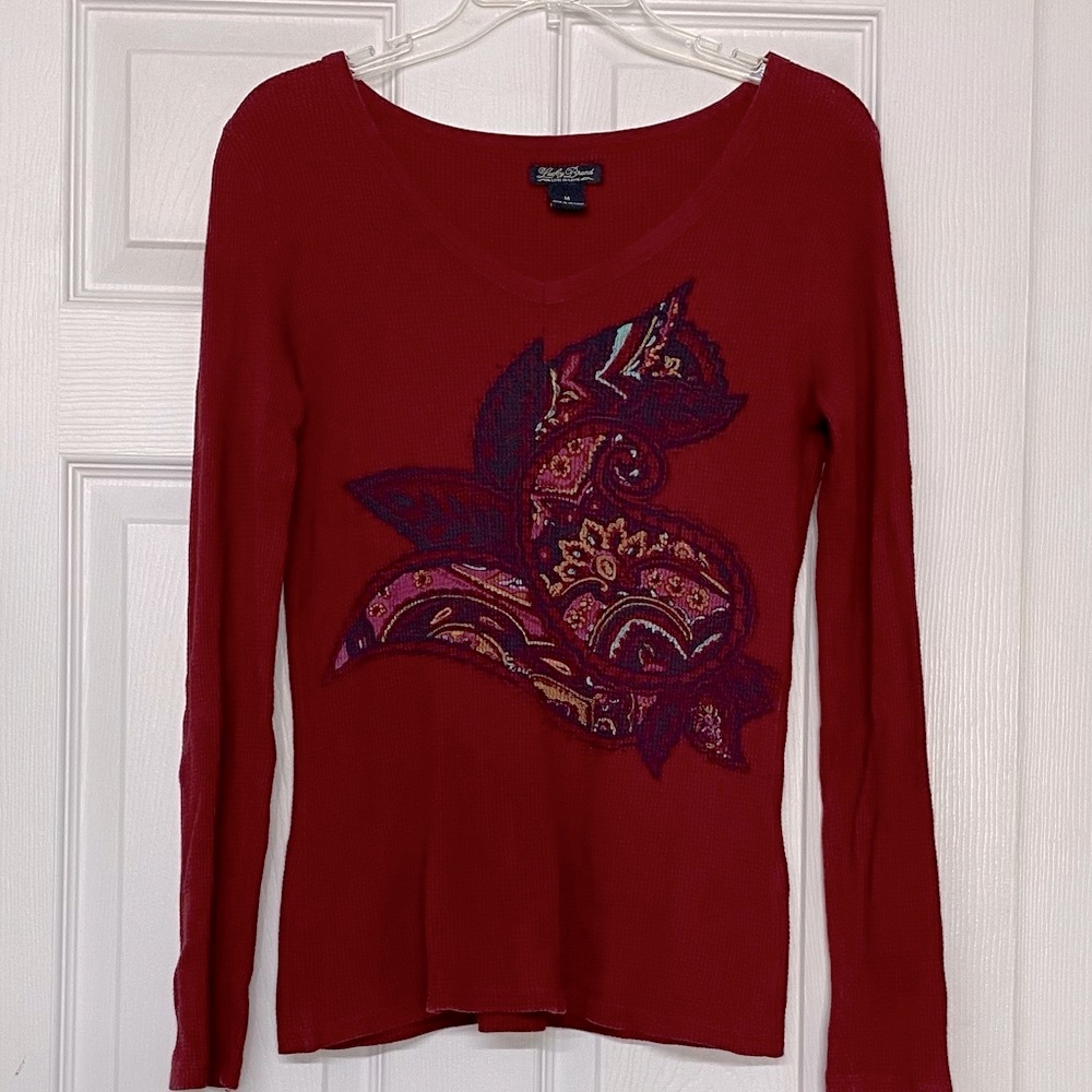 Lucky Brand Waffle Knit V Neck Cranberry Red Pullover Long Sleeve Top Sz M